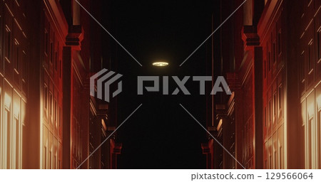 Image of old wood panelled corridor in scary dark interior 129566064