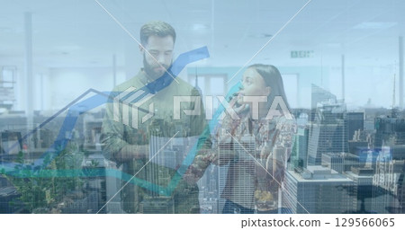 Image of financial data processing and cityscape over diverse business people 129566065