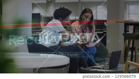 Image of data processing over diverse business people in office 129566079