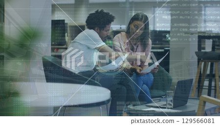 Image of data processing and clock over diverse business people in office 129566081