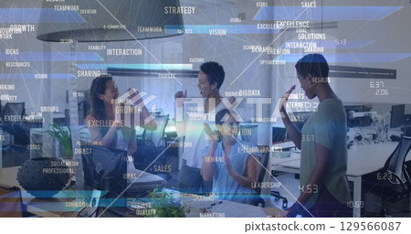 Image of data processing and network of connections over diverse business people in office 129566087