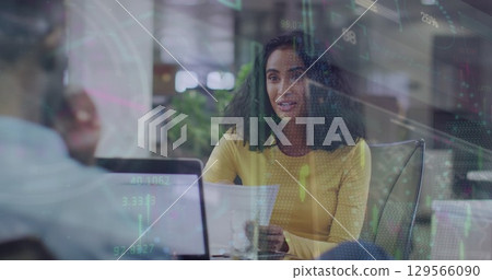 Image of data processing over diverse business people in office 129566090