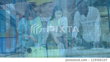 Image of financial data processing and caucasian female worker over diverse business people Image of financial data processing and caucasian female worker over diverse business people 129566107