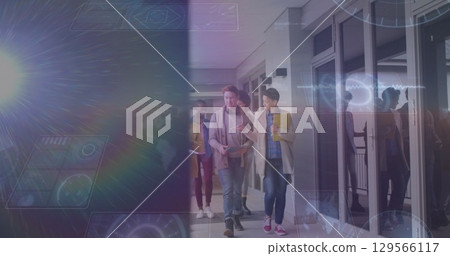 Image of data processing over diverse business people walking in office 129566117