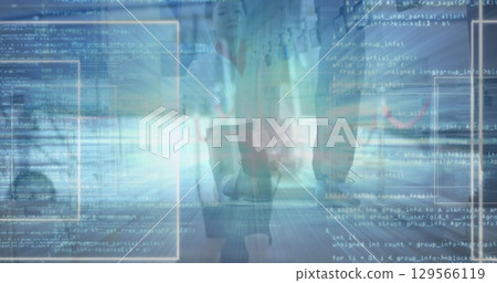 Image of data processing over caucasian businesswoman with baggage 129566119