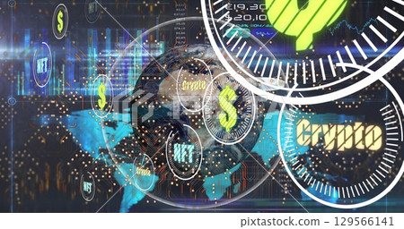 Image of data processing and globe on blue background 129566141