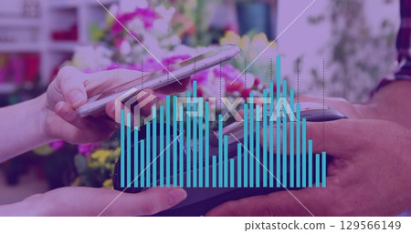 Image of data processing with graph over diverse people paying with smartphone Image of data processing with graph over diverse people paying with smartphone 129566149
