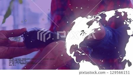 Image of data processing with globe over diverse people paying with credit card Image of data processing with globe over diverse people paying with credit card 129566151