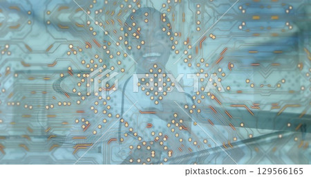Image of data processing over happy african american female doctor with stethoscope 129566165