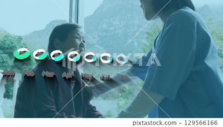Image of data processing over asian female doctor treating patient 129566166