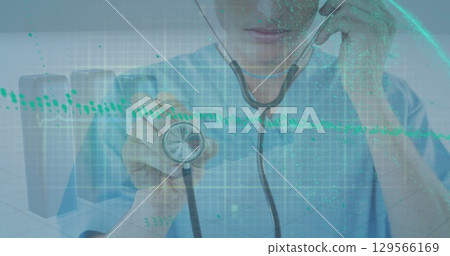 Image of data processing over caucasian female nurse with stethoscope Image of data processing over caucasian female nurse with stethoscope 129566169