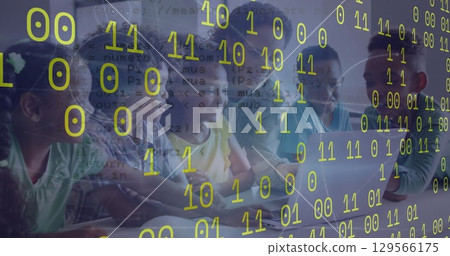 Image of data processing over teacher with diverse schoolchildren 129566175