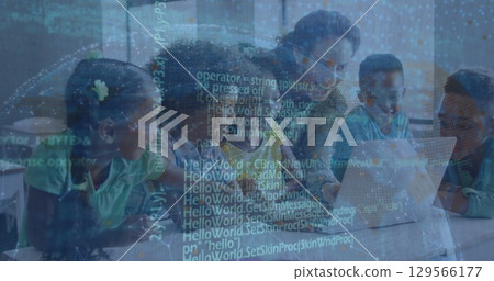 Image of data processing over teacher with diverse schoolchildren Image of data processing over teacher with diverse schoolchildren 129566177