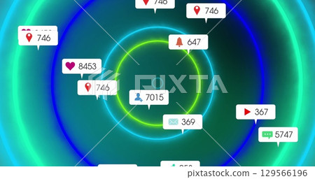 Image of media icons and shapes over black background 129566196