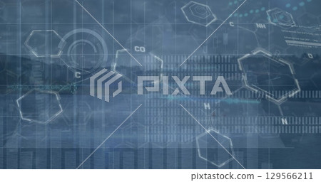 Image of chemical formula and data processing over landscape 129566211