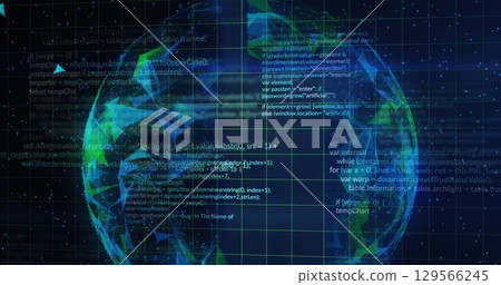 Image of data processing and globe on black background Image of data processing and globe on black background 129566245
