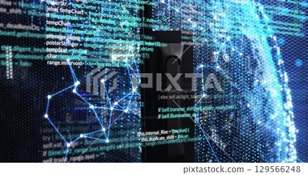 Image of data processing and shapes over server room Image of data processing and shapes over server room 129566248