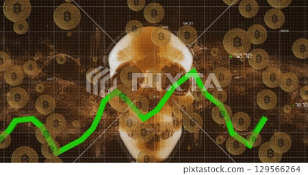 Image of skull and bitcoins over data processing on black background Image of skull and bitcoins over data processing on black background 129566264