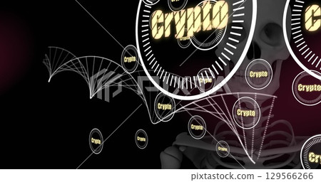 Image of skull and dna strand over data processing on black background 129566266
