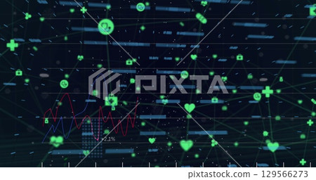 Image of graphs, financial data and icons on black background Image of graphs, financial data and icons on black background 129566273
