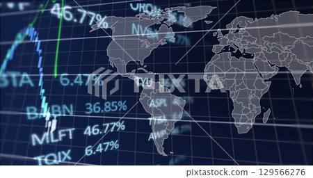 Image of financial data and graph over world map on navy background Image of financial data and graph over world map on navy background 129566276