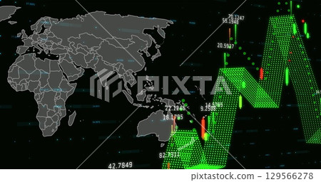 Image of graphs and financial data over world map on black background Image of graphs and financial data over world map on black background 129566278