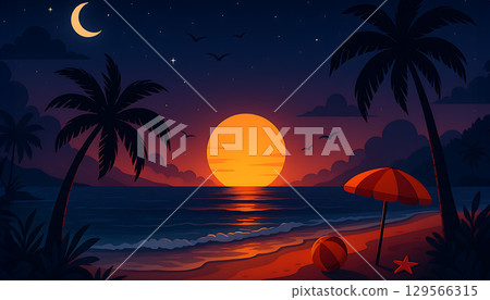 Night view of a tropical beach enveloped in a starry sky Night view of a tropical beach enveloped in a starry sky 129566315