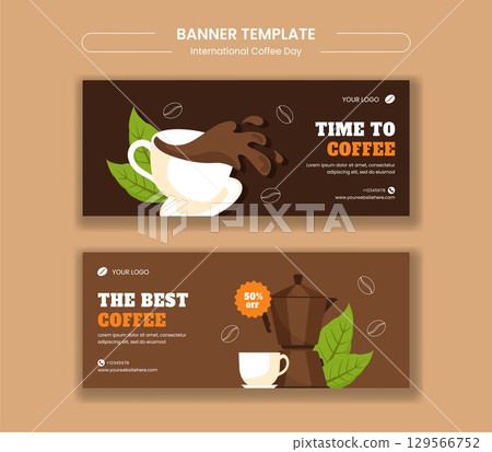 Flat Cartoon Illustration of International Coffee Day Horizontal Banner with Coffee Beans 129566752