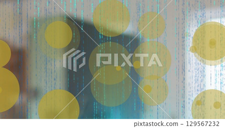 Cascading coded lines and translucent yellow circles creating data display, with blurred rectangle 129567232