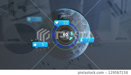 Image of globe, connections and social media reactions over financial graphs 129567238