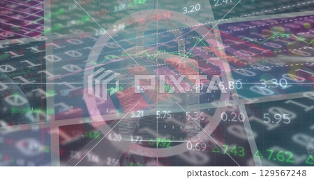 Image of digital padlock and screens over financial data 129567248