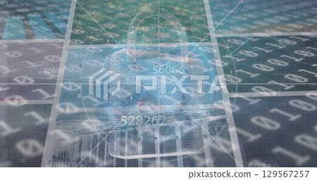 Image of numbers, screens, globe and binary code Image of numbers, screens, globe and binary code 129567257