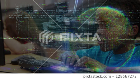 Data processing and globe against portrait of african american boy using computer at school 129567272