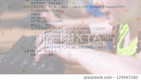 Data processing and abstract shapes against caucasian girl using computer at school Data processing and abstract shapes against caucasian girl using computer at school 129567280