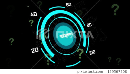 Image of question marks over scope scanning with data processing on black background 129567308