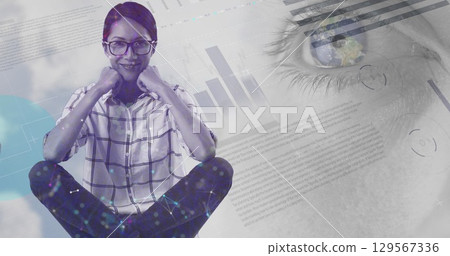 Image of data processing over eye and asian woman 129567336