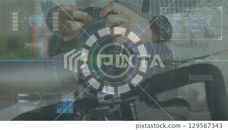 Adjusting mature woman attaching cycling computer on bike handlebars in park with dashboard overlay 129567343