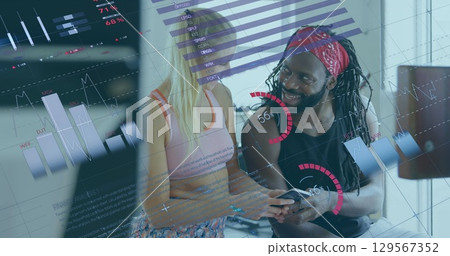 Image of data processing over diverse people using smartphone at gym Image of data processing over diverse people using smartphone at gym 129567352
