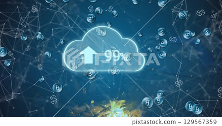 Displaying cloud upload icon in digital network with nodes and currency symbols Displaying cloud upload icon in digital network with nodes and currency symbols 129567359