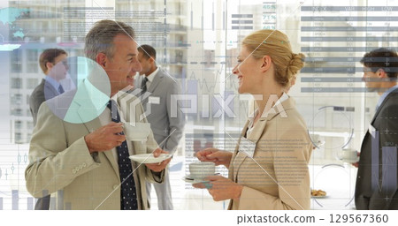 Image of data processing over diverse business people at office 129567360