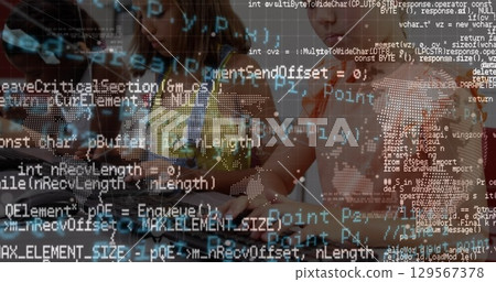 Collaborating four girls typing code around laptop in modern classroom, with world map overlay Collaborating four girls typing code around laptop in modern classroom, with world map overlay 129567378