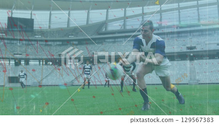 Image of data processing over diverse rugby players at stadium 129567383