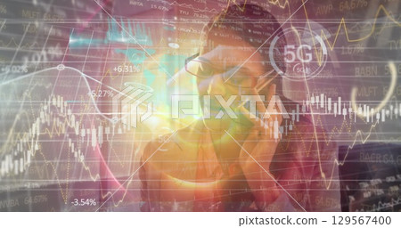 Image of data processing over caucasian businesswoman talking on smartphone 129567400