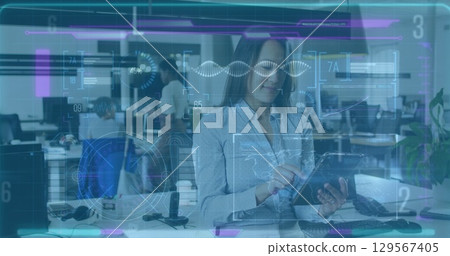 Image of digital screen and letters over asian woman in office 129567405