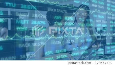 Image of financial graphs and data over diverse female coworkers in office 129567420