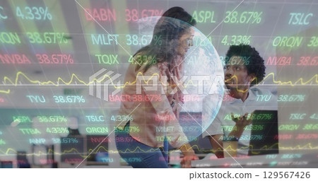 Image of financial data and graphs over diverse businesspeople in office 129567426