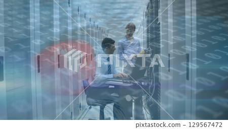 Image of binary code and eye scanning over caucasian men checking servers Image of binary code and eye scanning over caucasian men checking servers 129567472