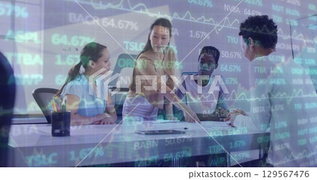 Image of financial data and graphs over diverse female coworkers in office Image of financial data and graphs over diverse female coworkers in office 129567476