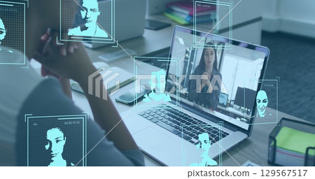 Image of user photos over african american woman having image call on laptop 129567517