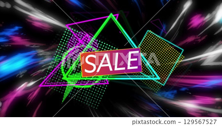 Image of sale over triangles and lights on black background 129567527